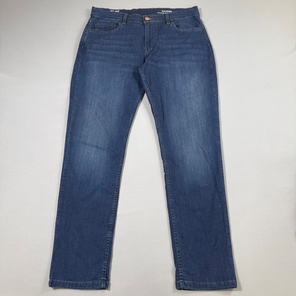 Mugsy Fultons Jeans Mens 36x32 Blue Straight Leg High Stretch Denim Med Wash EUC